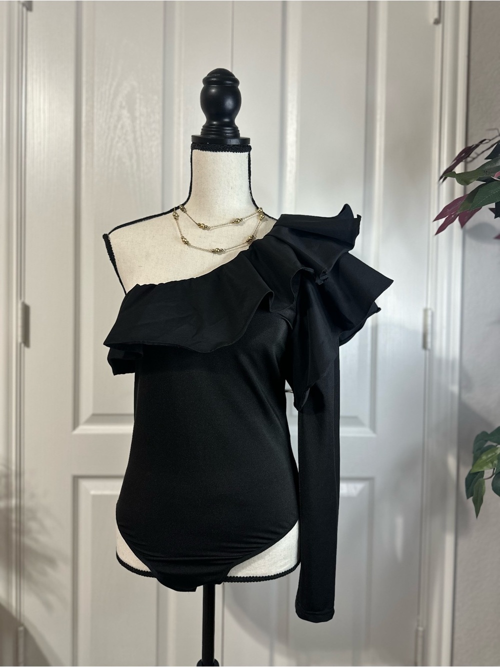 Shein One-Shoulder Ruffle Bodysuit - Black
